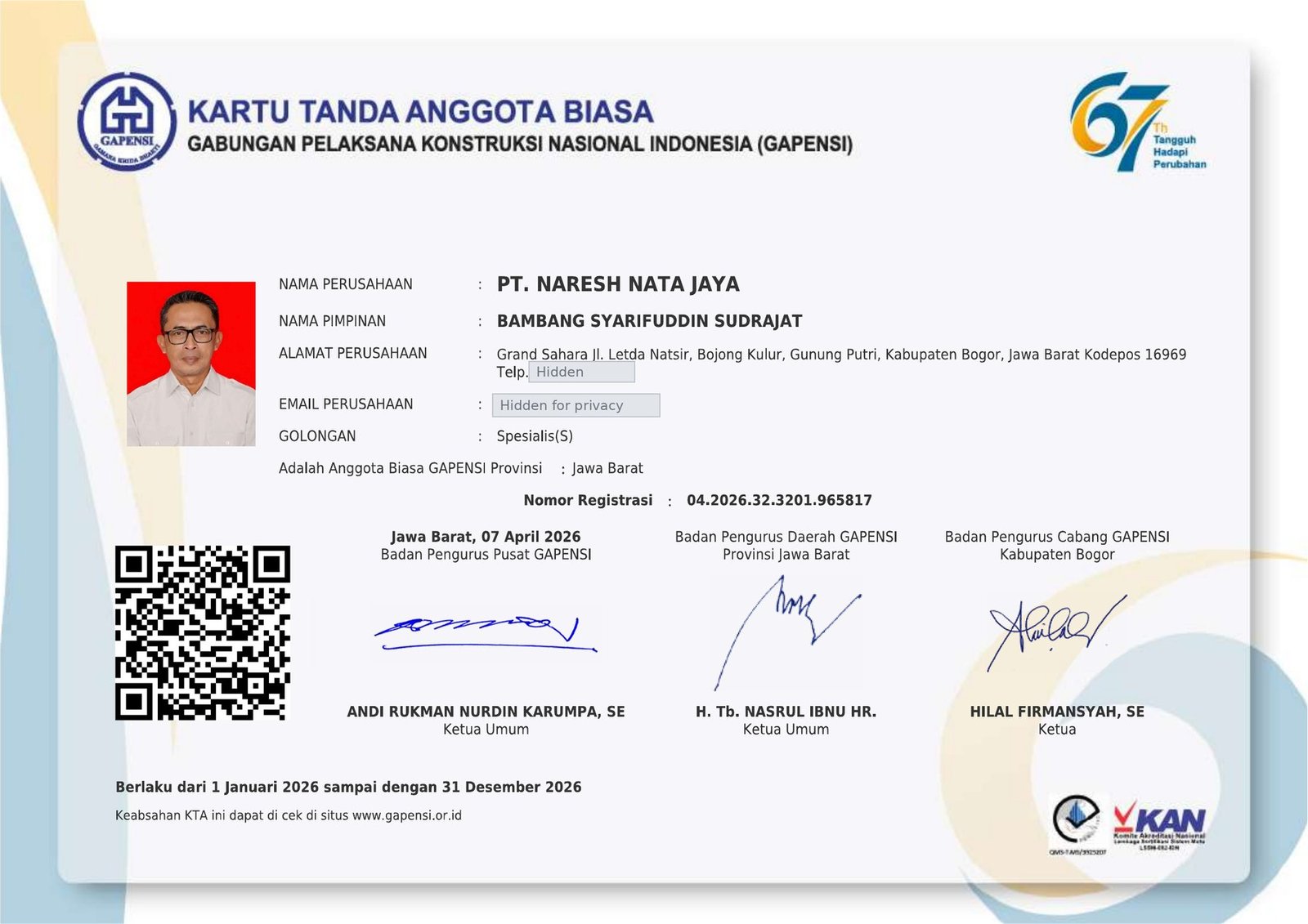GAPENSI member card of PT Naresh Nata Jaya