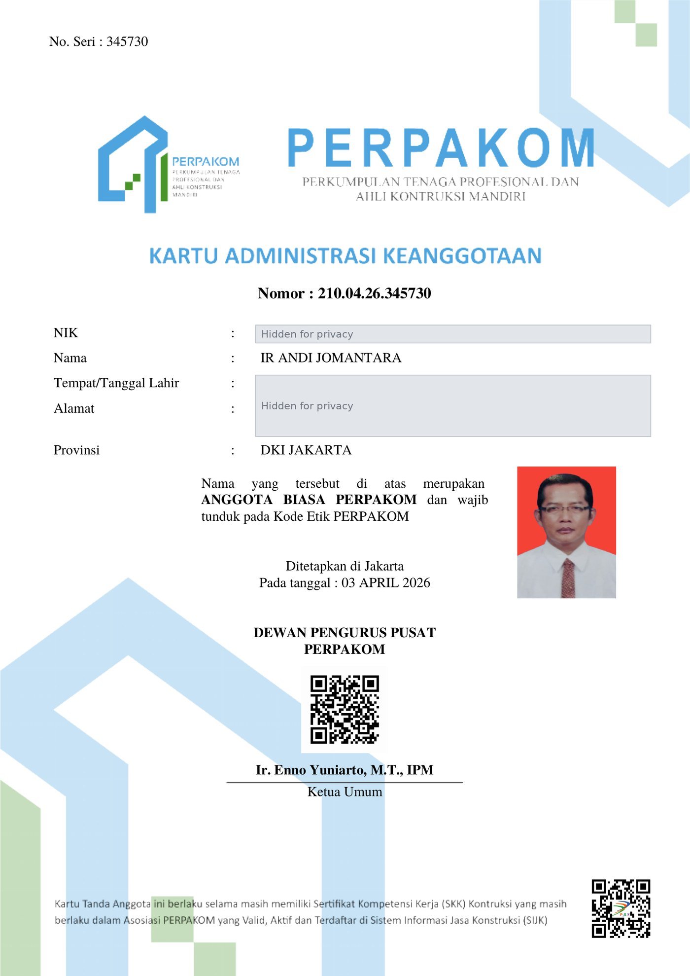 PERPAKOM membership card of Ir. Andi Jomantara