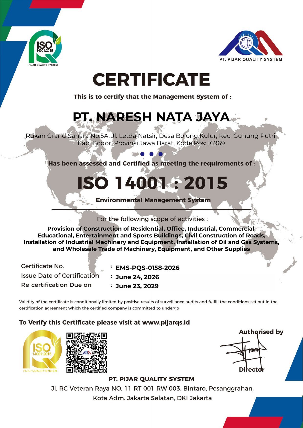 ISO 14001:2015 certificate of PT Naresh Nata Jaya