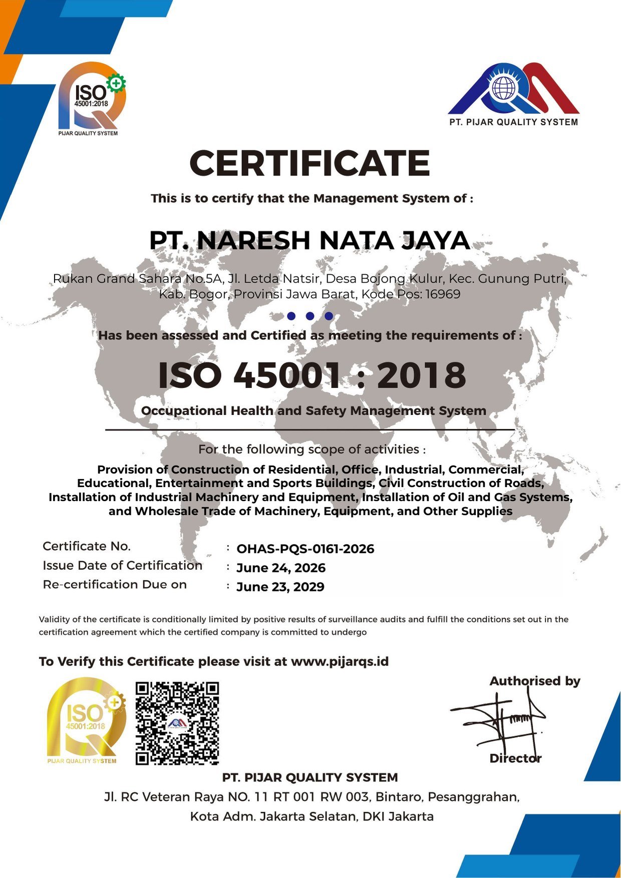 ISO 45001:2018 certificate of PT Naresh Nata Jaya