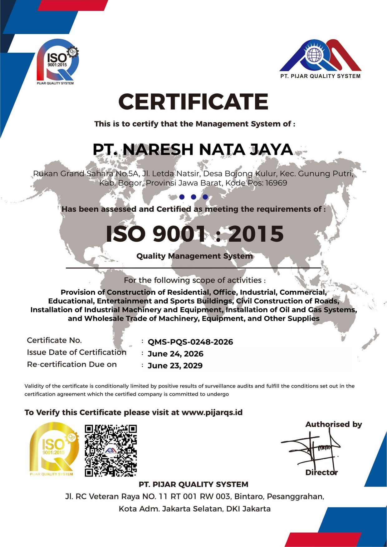 ISO 9001:2015 certificate of PT Naresh Nata Jaya
