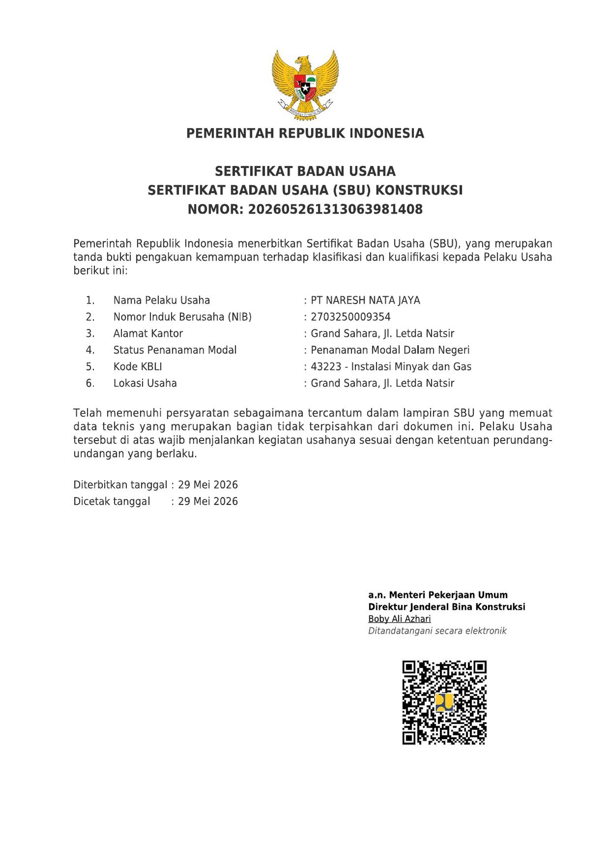 SBU Konstruksi certificate of PT Naresh Nata Jaya