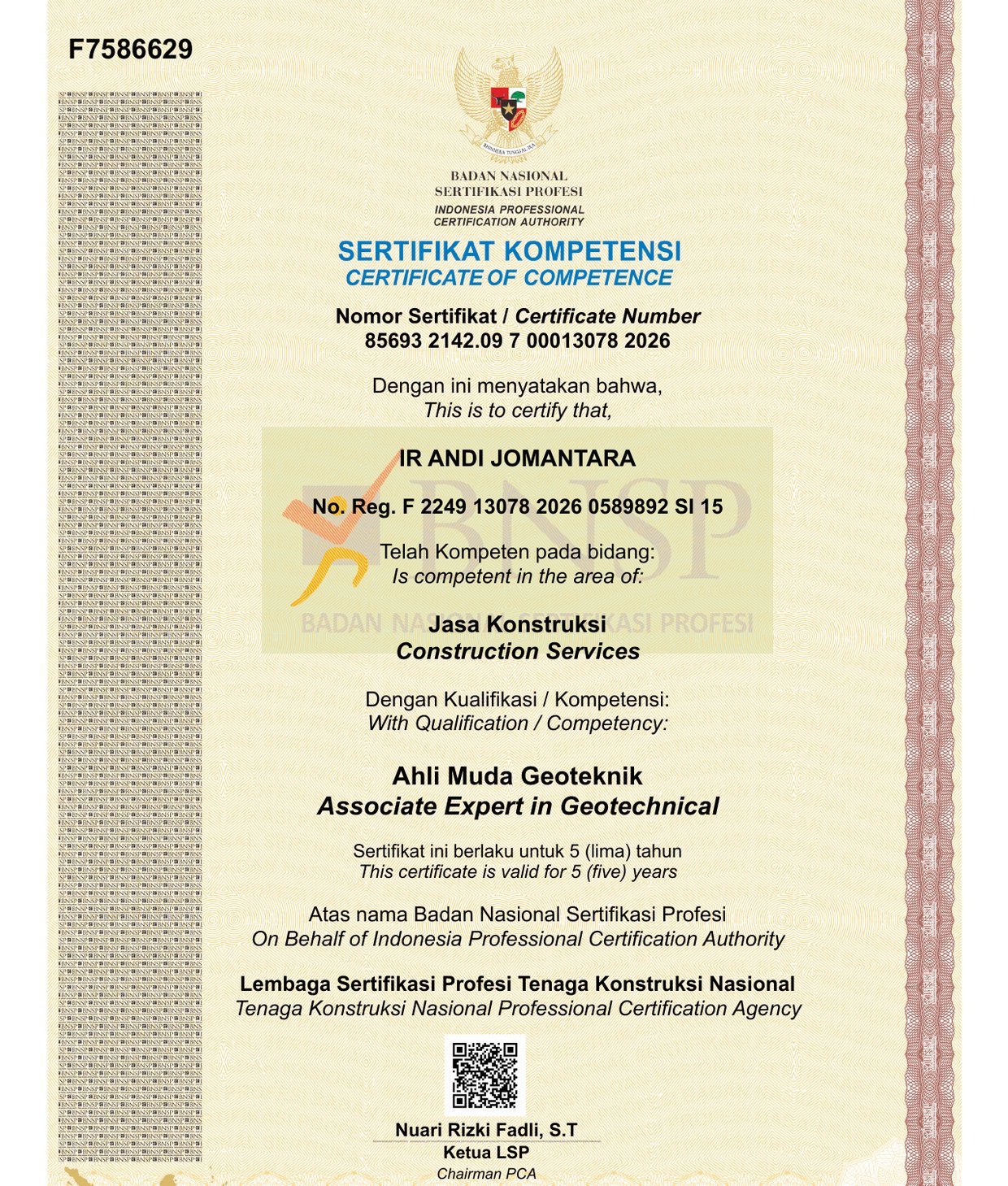 SKK competency certificate of Ir. Andi Jomantara