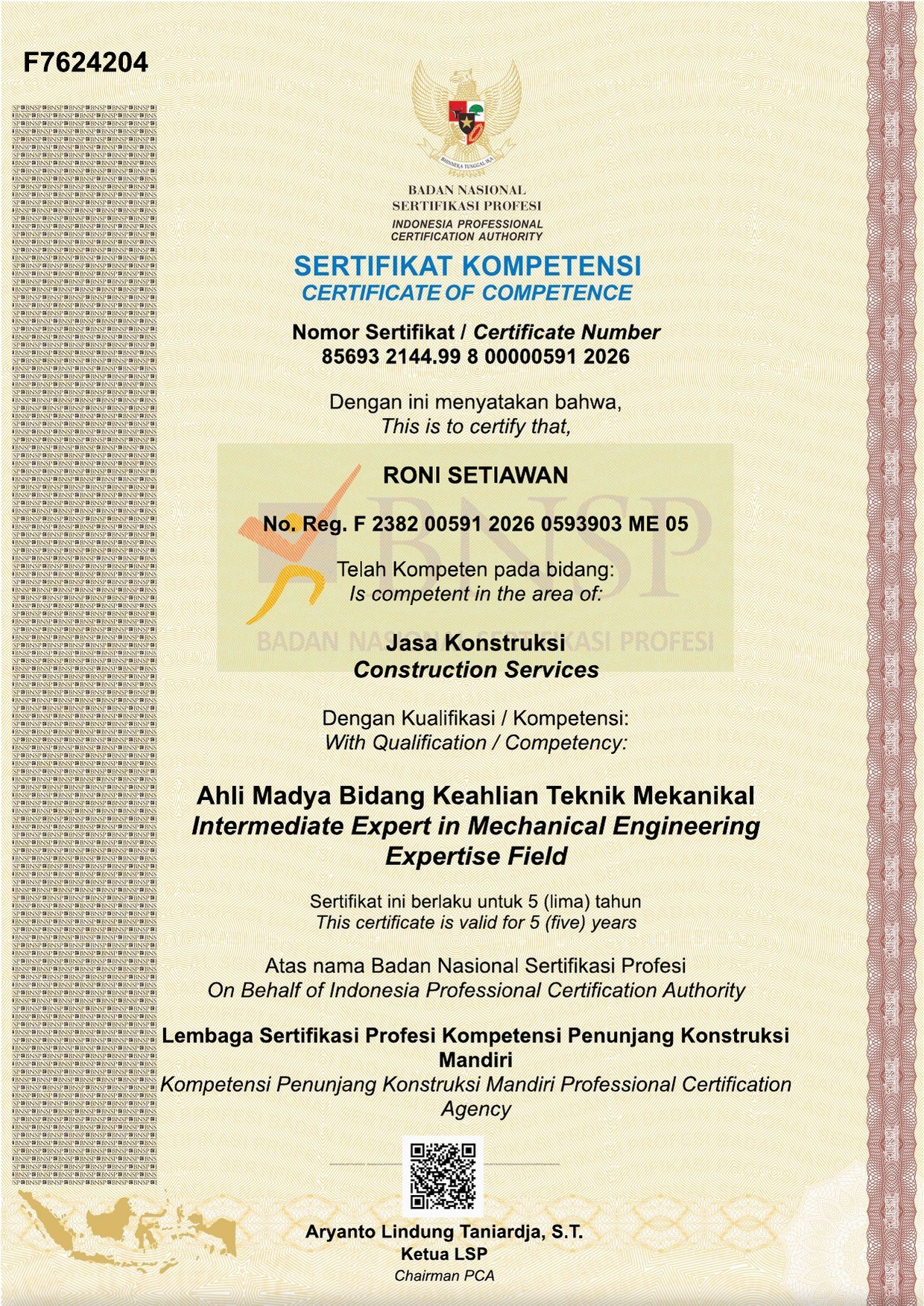 SKK competency certificate of Roni Setiawan